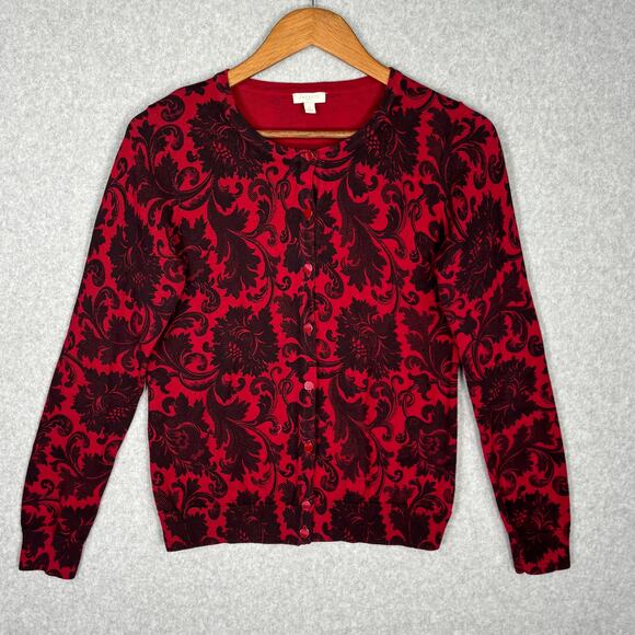 Talbots Cardigan Sweater Womens Small Red Black Paisley Career Church Classic - Picture 1 of 10
